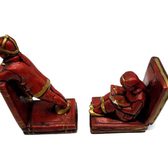 BOOKENDS Asian Boy and Girl ABBOTT Red And Gold Figurines Vintage - Picture 11 of 11